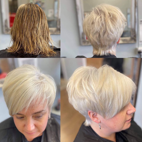 White hair transformation and pixie crop